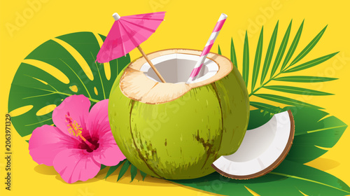 Refreshing Tropical Coconut Water Drink with a Mini Paper Umbrella and Straw Flat Vector Illustration of a Summer Beach Cocktail or Healthy Exotic Beverage for Vacation and Holiday Themed Graphics.