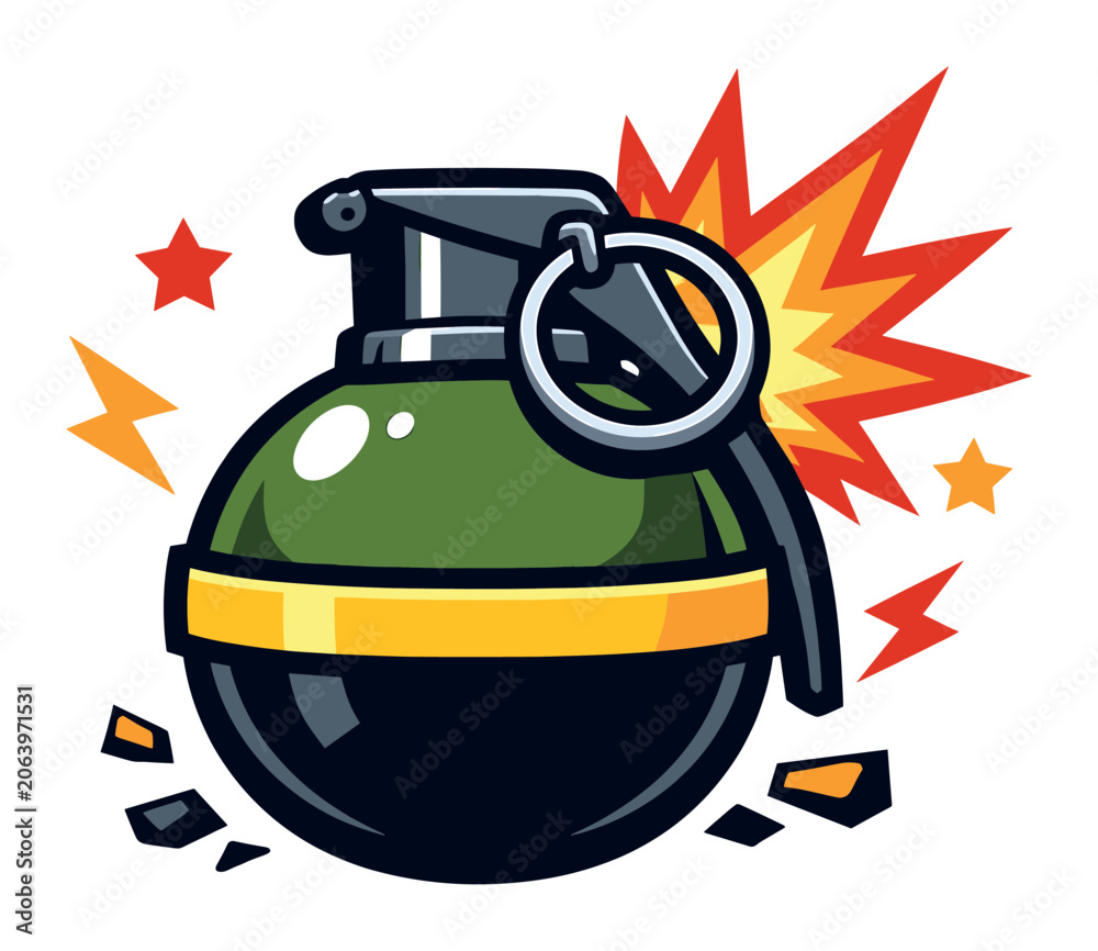 Obraz premium Hand grenade vector cartoon explodes, depictingaggression, power, and military themes in an energetic style