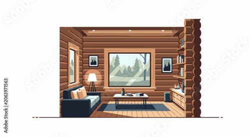 Cozy cabin living room with wood walls and furniture