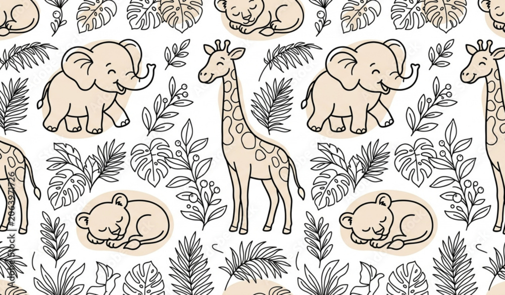 Obraz premium Elegant monoline safari animals and jungle foliage seamless vector pattern with modern pastel accents