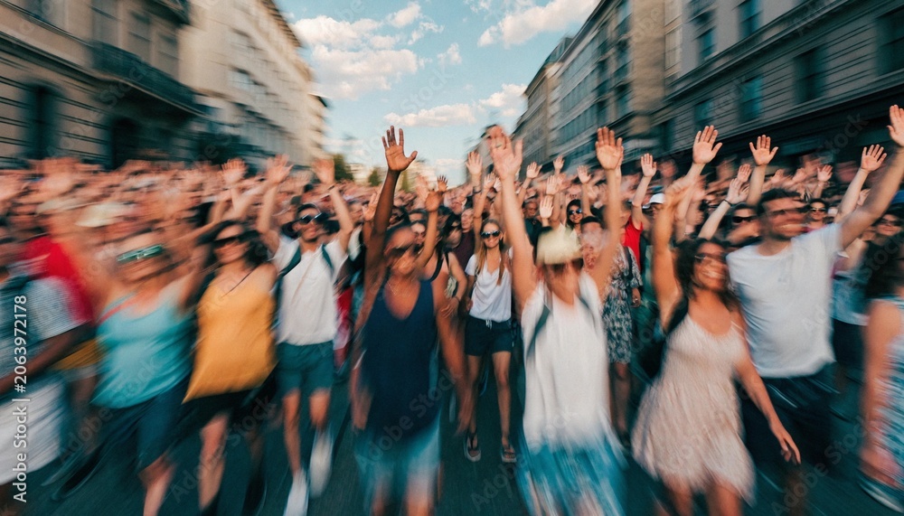 Fototapeta premium Energetic blurred crowd of diverse people raising their hands together in a city street, with colorful clothing, motion, sunlight, and celebratory public gathering atmosphere