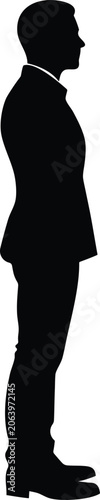 Businessman silhouette, standing man icon, black suit vector, profile view