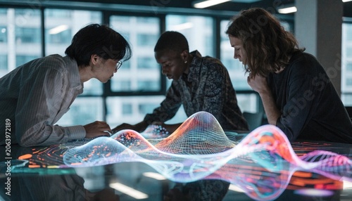 Diverse creative team collaborating around a reflective table while studying a colorful abstract digital data pattern, with flowing waves, modern office windows, and innovation