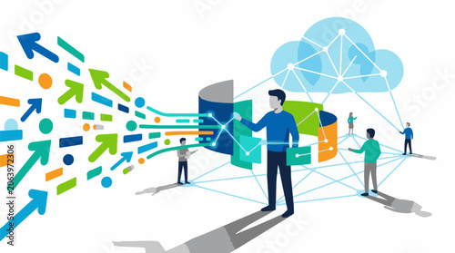Infographic illustration of people connecting to cloud storage