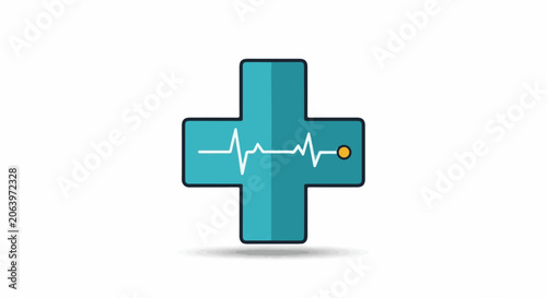 Teal cross symbol with white heartbeat line and yellow dot