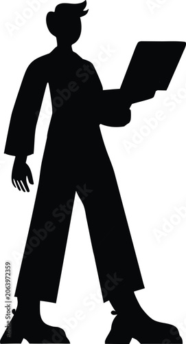 Black silhouette man walking, holding laptop, modern minimalist icon, business person vector