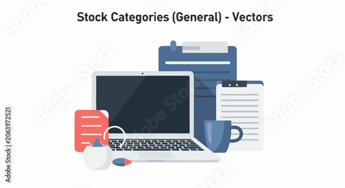 Vector graphic of office supplies and laptop on white background