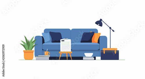 A blue couch with pillows, a plant, and a lamp on a white background
