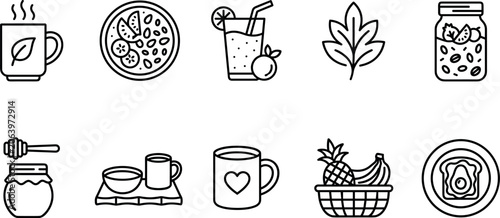 Cuadro en lienzo Healthy breakfast and organic nutrition line icon set featuring oatmeal bowl tea