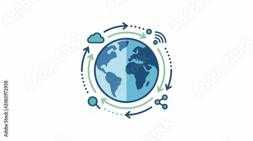A blue globe surrounded by arrows, cloud, magnifying glass, and molecules on white