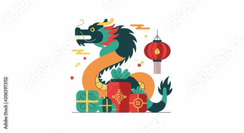 A colorful dragon surrounded by gifts and a lantern on white