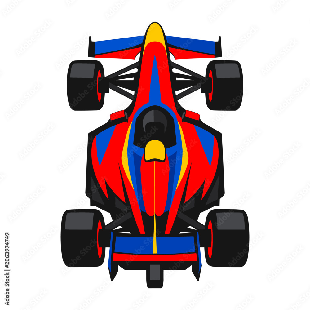 Naklejka premium Showcasing a formula car in red, blue, and yellow, embodying high-speed motorsport and fierce competition