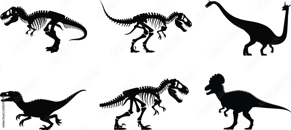 Obraz premium Black dinosaur skeletons and prehistoric animal silhouettes vector graphic set isolated on white background