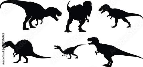 Slika na platnu Black dinosaur silhouettes vector graphic set featuring tyrannosaurus rex spinos