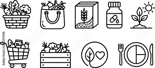 Foto Breakfast and cafe line icon set featuring toast cereal juice oatmeal coffee egg