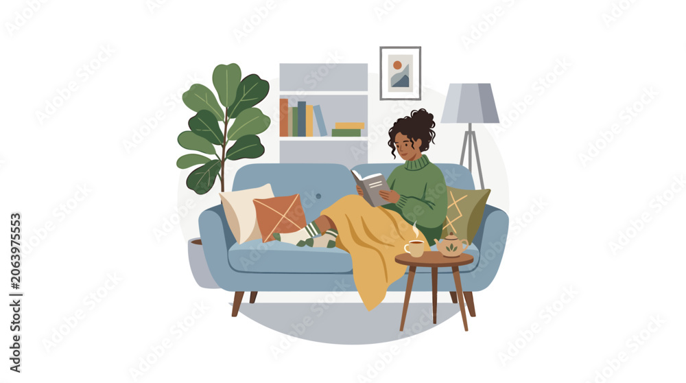 Fototapeta premium Person sitting on sofa reading book and drinking tea at home