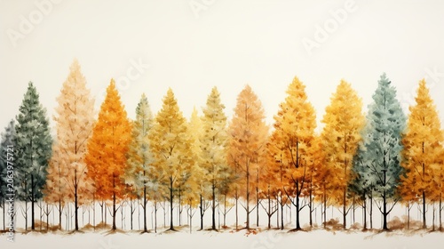 Watercolor Autumn Forest Background with Diverse Trees
