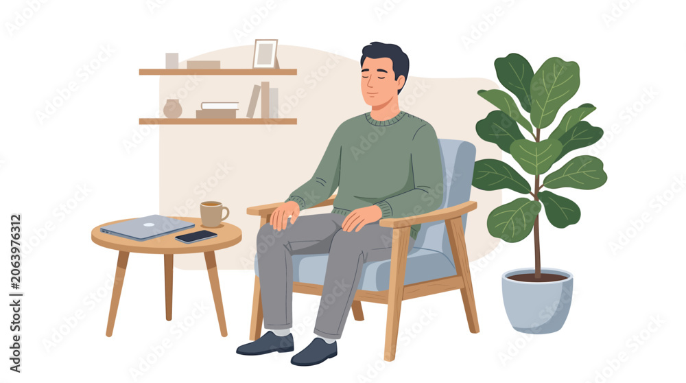Fototapeta premium A man sits on an armchair with a coffee table and plant nearby indoors.