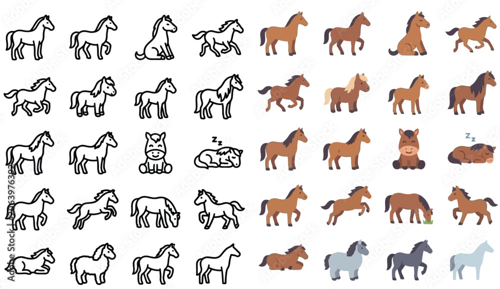 Fototapeta premium Collection of cartoon horse icons in various poses and styles, illustrating different actions and moods.