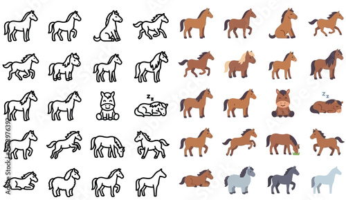 Cuadro en lienzo Collection of cartoon horse icons in various poses and styles, illustrating different actions and moods