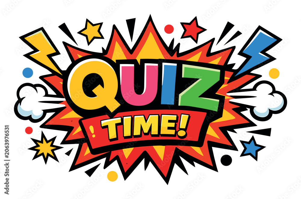 Fototapeta premium Quiz time banner for game show or trivia contest. Pop art explosion comic style promoting fun, knowledge, and entertainment