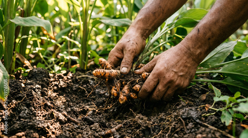 Fresh turmeric harvest highlighting organic cultivation and sustainable food production. Suitable for agriculture, wellness, nutrition, and environmental campaigns.
