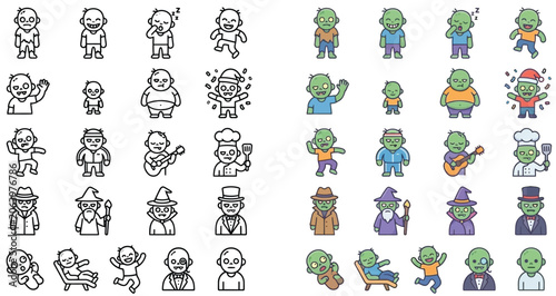 Bild auf Leinwand Collection of cartoon zombie icons in various poses and outfits, both outlined and colored