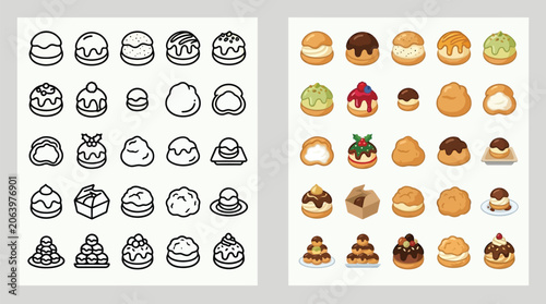 Foto Collection of various cream puffs and pastries, both in outline and full color