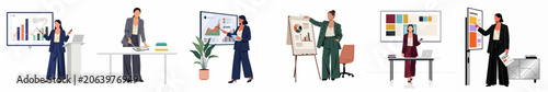 Set of professional businesswomen presenting data, analyzing charts, and leading meetings in office settings, flat vector illustration.