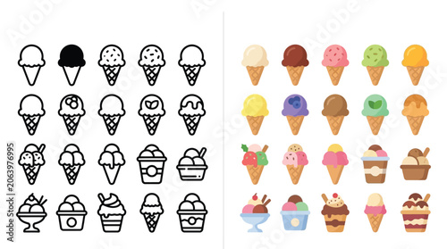 Obraz na płótnie Collection of colorful and outline ice cream icons, representing various flavors and styles of frozen desserts