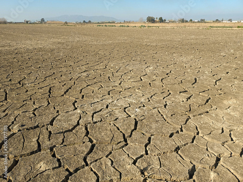 Fotografie Drought damaged agricultural field with cracked soil and dry landscape