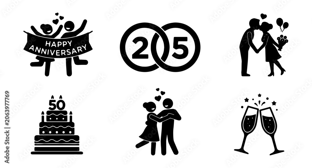 Fototapeta premium Wedding anniversary icon set, 6 black vector pictograms for 25th and 50th marriage celebration, romantic couple and party elements