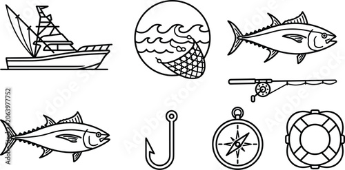 Commercial tuna fishing and deep sea maritime industry line icon set featuring boat net rod hook compass vector