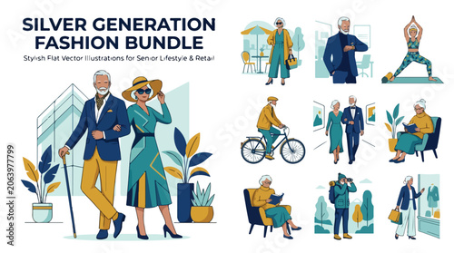 Silver generation fashion bundle, stylish senior lifestyle vector illustrations, active elderly people set for retail and marketing