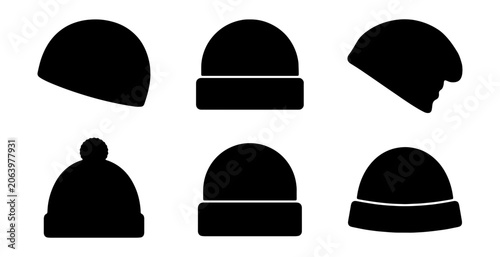Tableau sur toile Winter beanie hat silhouette icons, set of 6 black knit cap vector symbols, mini