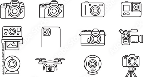 Fotografía Modern camera icons vector set with dslr mirrorless action cam drone smartphone
