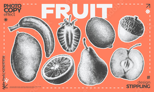 Retro set of fruit and berries with grunge stippling effect. Vintage dotted texture illustrations of mango, lemon, orange, strawberry, lychee, pear, apple, banana. Retro grainy art in halftone tones