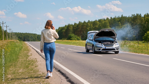 Foto Stranded Driver, Roadside Emergency, Engine Trouble, Vehicle Malfunction, Waitin