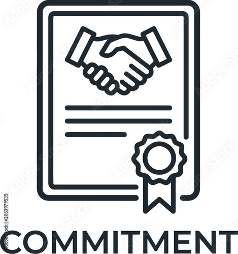 Simple black line icon depicting a formal business contract with a handshake and official seal