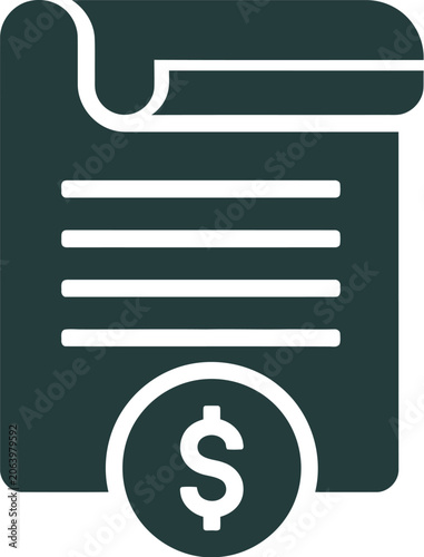 Minimalist dark gray icon showing a financial document with a dollar sign on light background