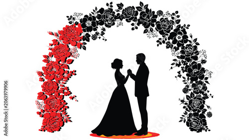 Elegant Wedding Couple Silhouette Floral Arch Design Vector