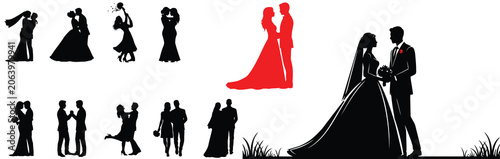 Wedding Couple Silhouette Set Romantic Bride Groom Vector