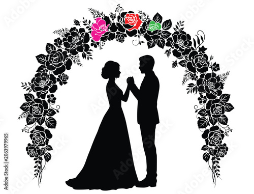 Romantic Wedding Couple Silhouette Floral Arch Design Art