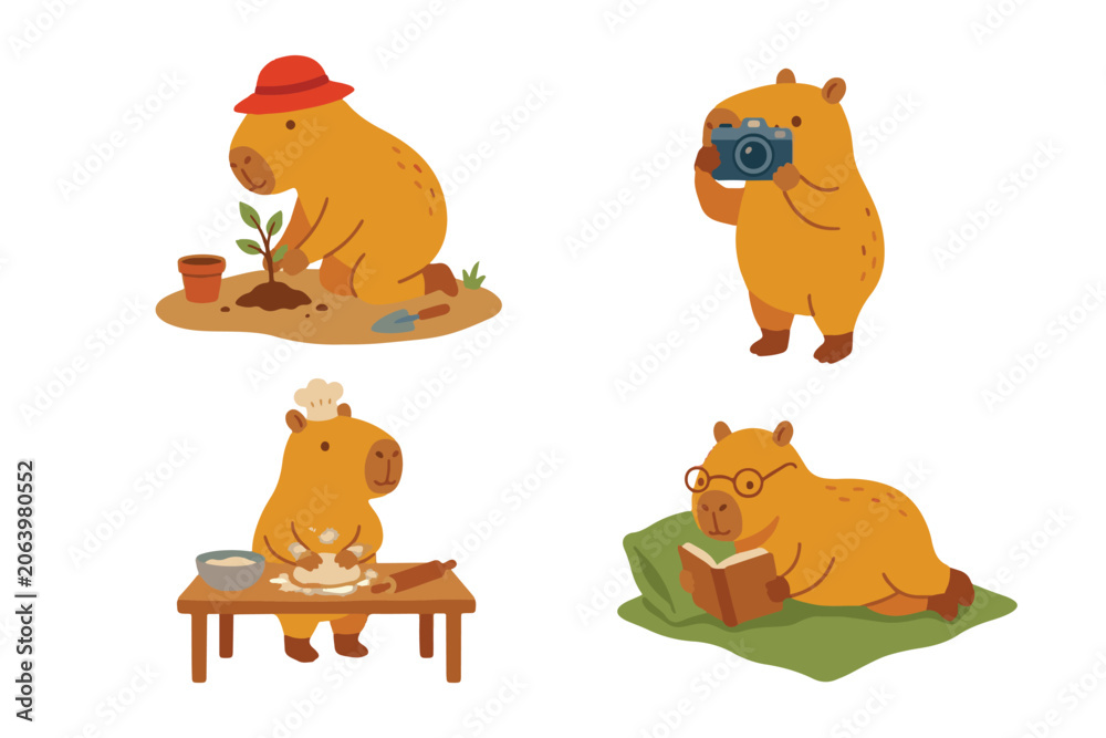 Fototapeta premium Cute capybara hobby, gardening, and baking activity element set vector illustration isolated on white background