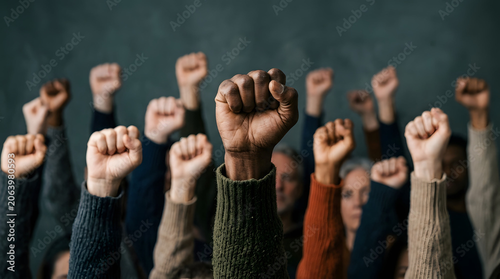 Obraz premium Raised fists in solidarity a photograph depicting a diverse group of people protesting activism advocacy. Generative AI image