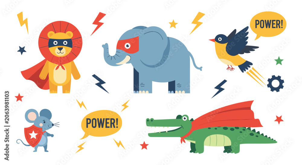 Fototapeta premium Cute collection of superhero animals including a lion elephant bird mouse and crocodile wearing masks and capes for kids design.