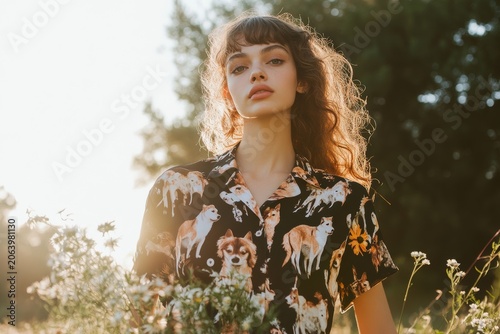 Young caucasian woman in nature wearing dog print shirt