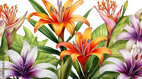 Vibrant Watercolor Exotic Flowers Pattern with Tropical Leaves and Petals