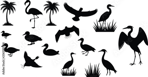 Foto Tropical water birds silhouettes vector set featuring flamingo heron ducks seagu