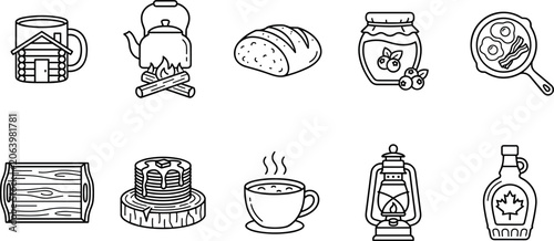 Rustic cabin breakfast and lumberjack camping food line icon set featuring pancakes kettle maple syrup lantern vector illustration